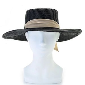 Wide brimmed black straw hat with sash-NWT